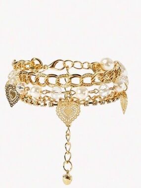 Gold Pearl Heart Charm Bracelet Set